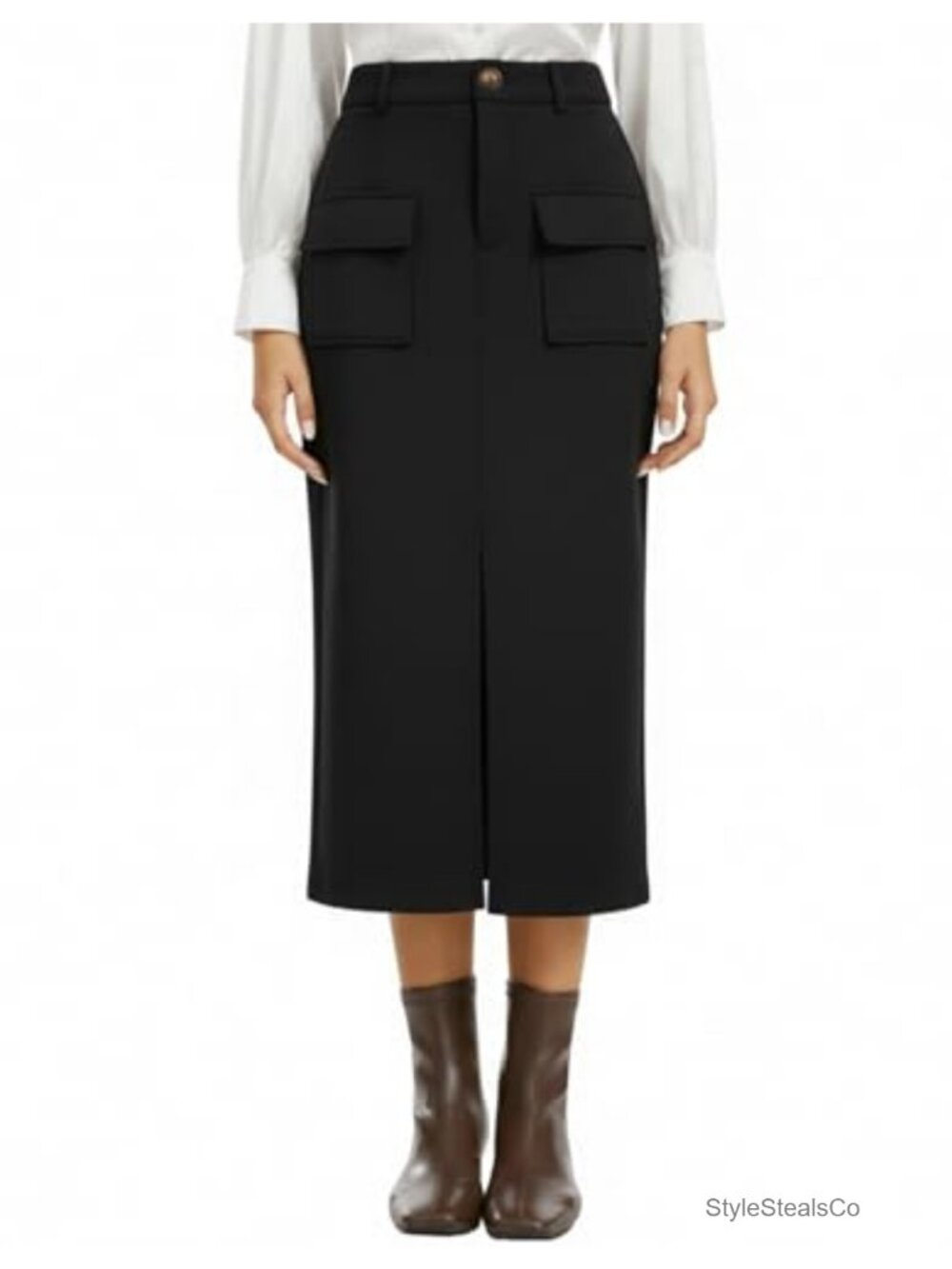 High Waisted Midi Pencil Skirt with Pockets Slit Cargo Business Work Skirt